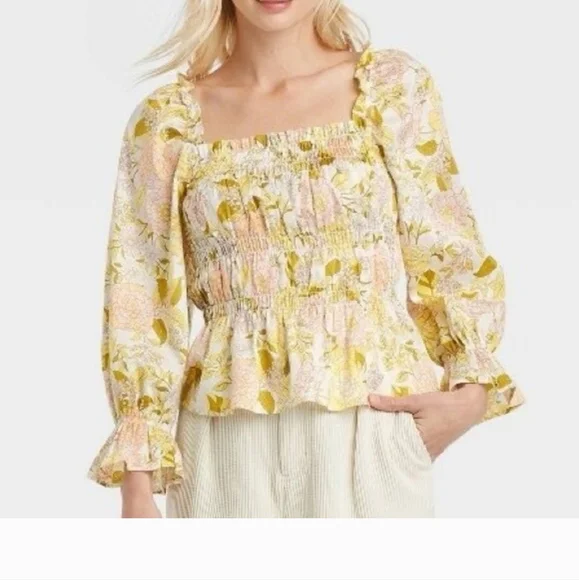 Who What Wear retro floral smocked cropped top Large Cotton - Picture 2 of 5